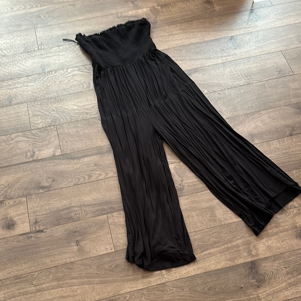 Anthropologie Black Strapless Jumpsuit with Wide-Leg Design